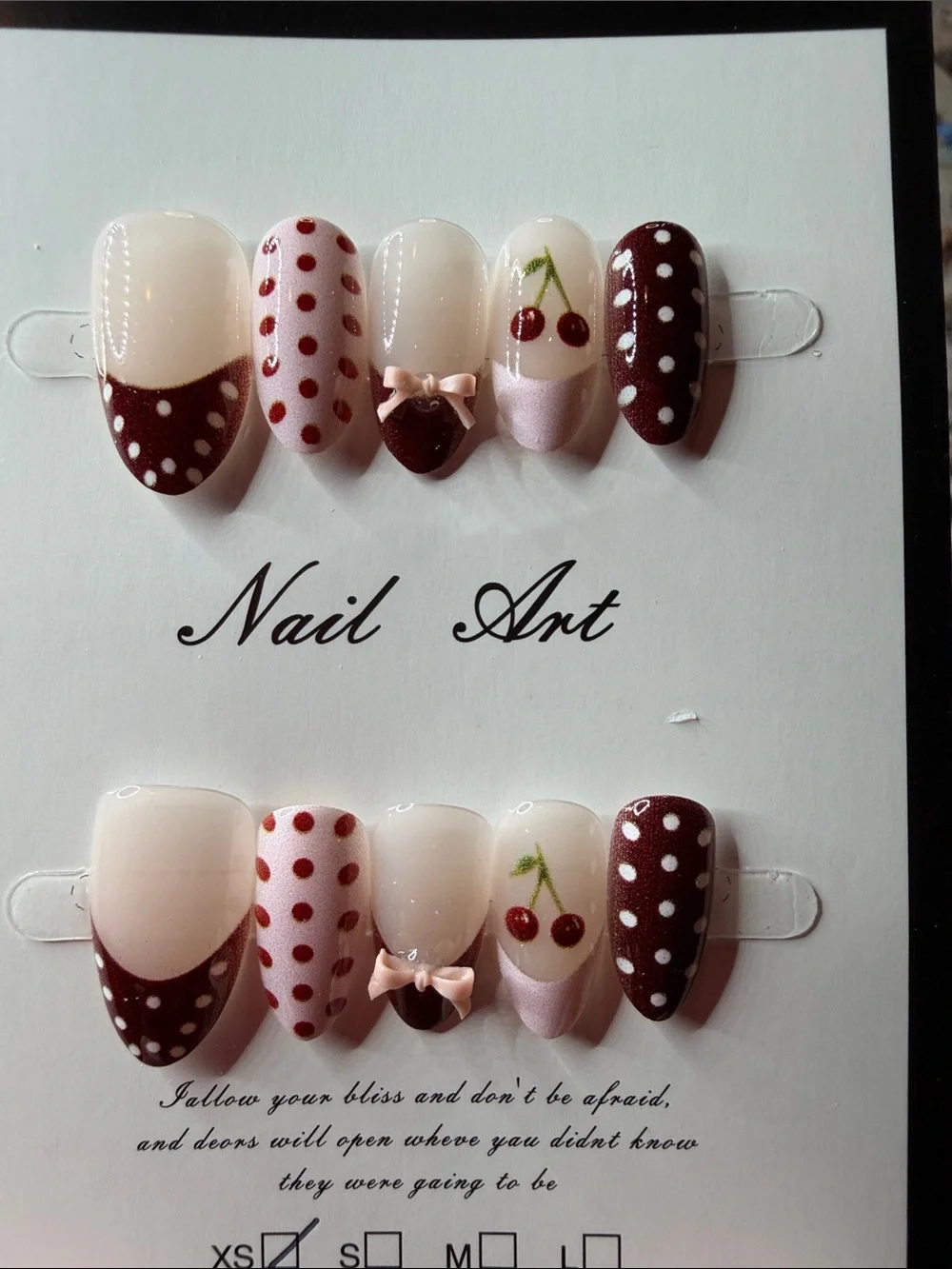 Nail Art Set - Cherry Polka Dot Design in Burgundy and White
